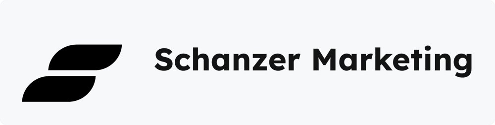 Logo von Schanzer Marketing mit einem stilisierten Blattmotiv und dem Firmennamen in Schwarz auf grünem Hintergrund.