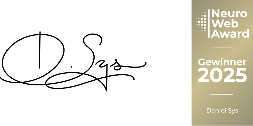 Schwarze Unterschrift auf grünem Hintergrund neben einem goldenen Banner mit "Neuro Web Award Gewinner 2025 Daniel Sys".