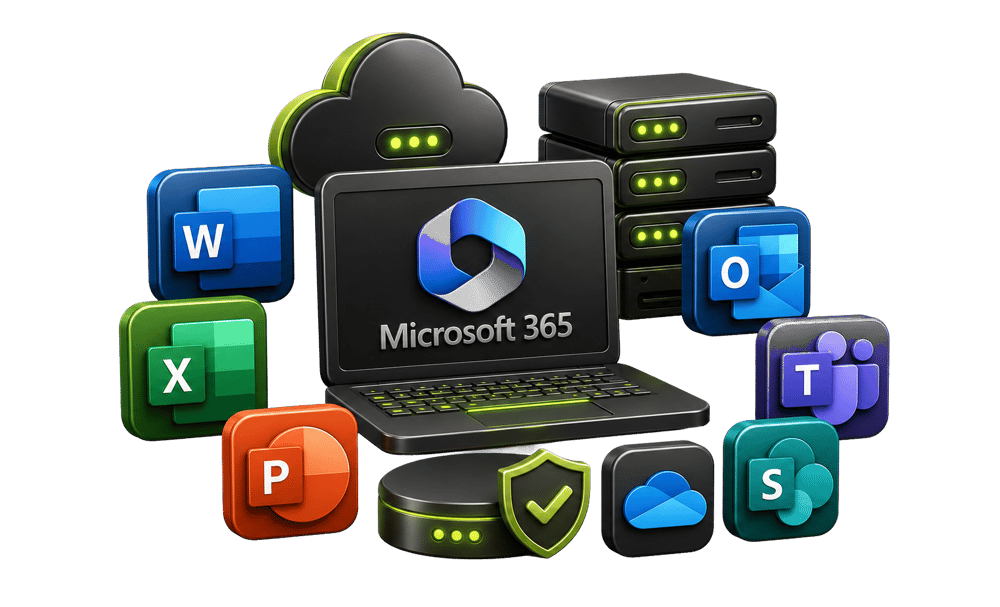 Laptop mit Microsoft 365 Logo und Symbolen für Outlook, Teams, Word und Excel