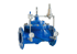 Blaues Druckminderventil für Wasserleitungen mit Manometern und Steuerungselementen.