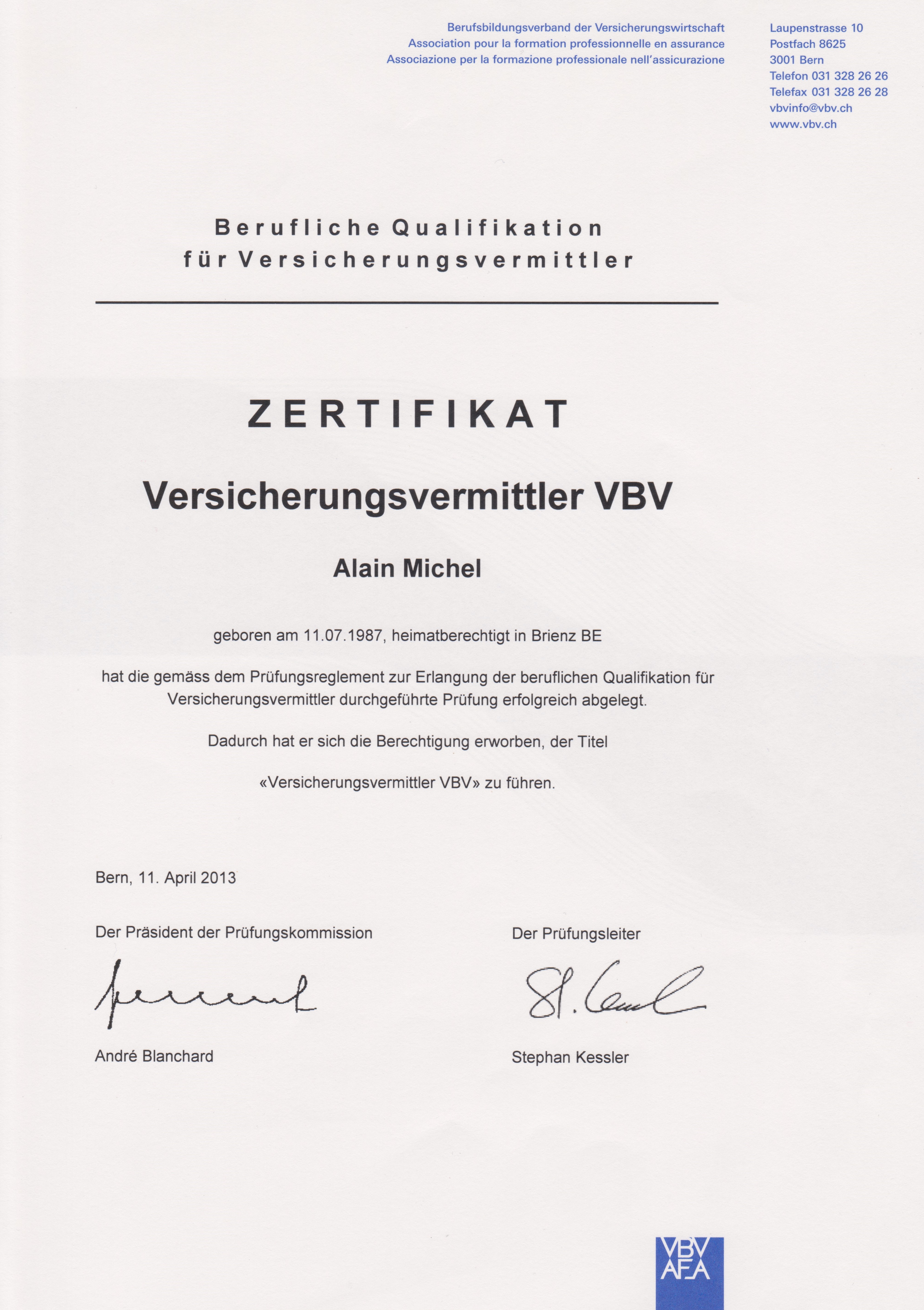 Zertifikat Versicherungsvermittler VBV