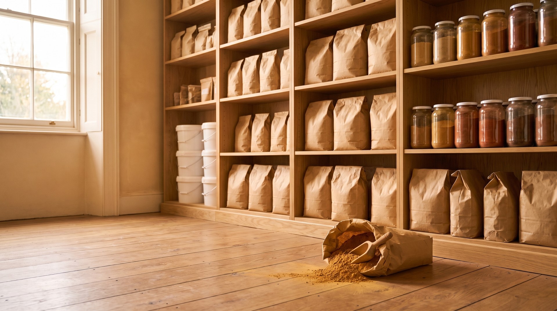 Materiallager mit Säcken, Eimern und Pigmentgläsern