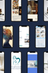 Neun Smartphones zeigen verschiedene Webseiten-Designs und Inhalte auf blauem Hintergrund.