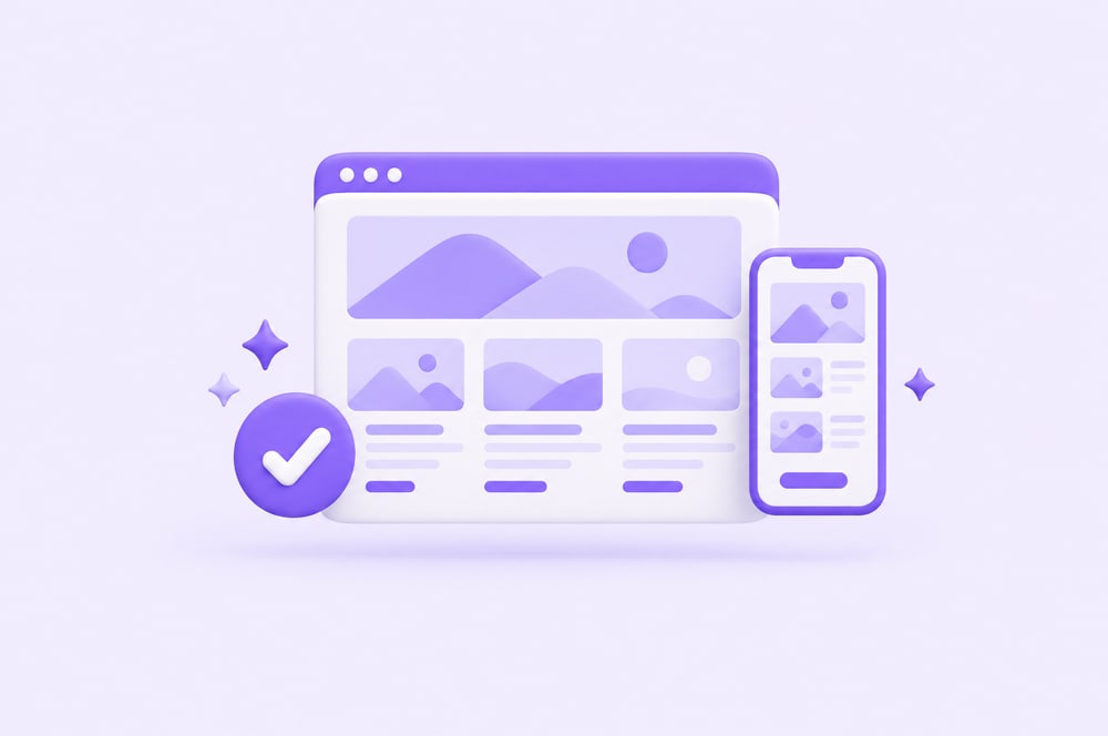 Illustration: Browserfenster und Smartphone mit gleichem Layout und Häkchen