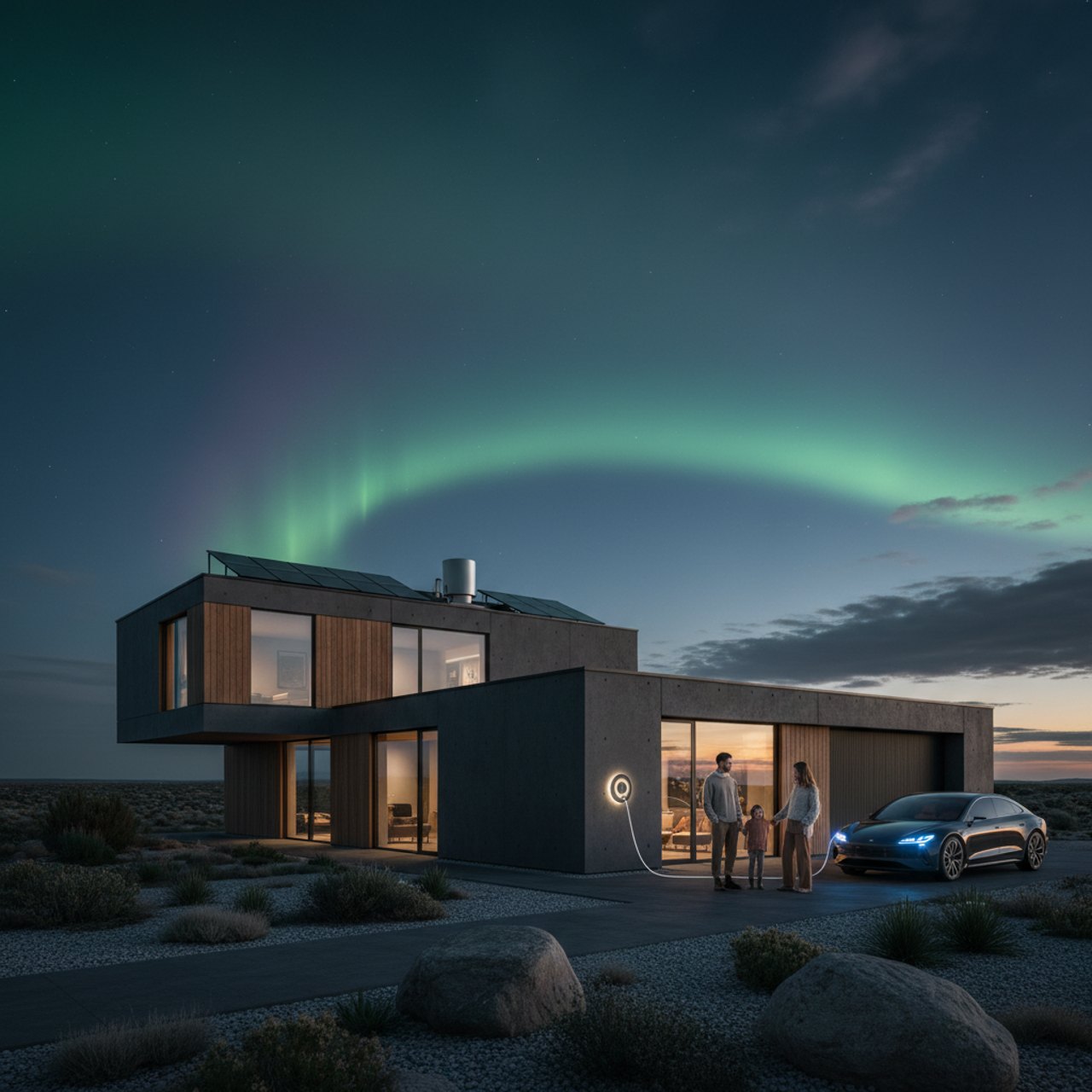 Modernes Einfamilienhaus bei Dämmerung