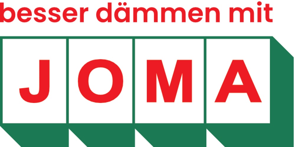 Rotes Logo "Besser dämmen mit JOMA" auf weißem Hintergrund, wobei "JOMA" in grünen Rahmen steht.