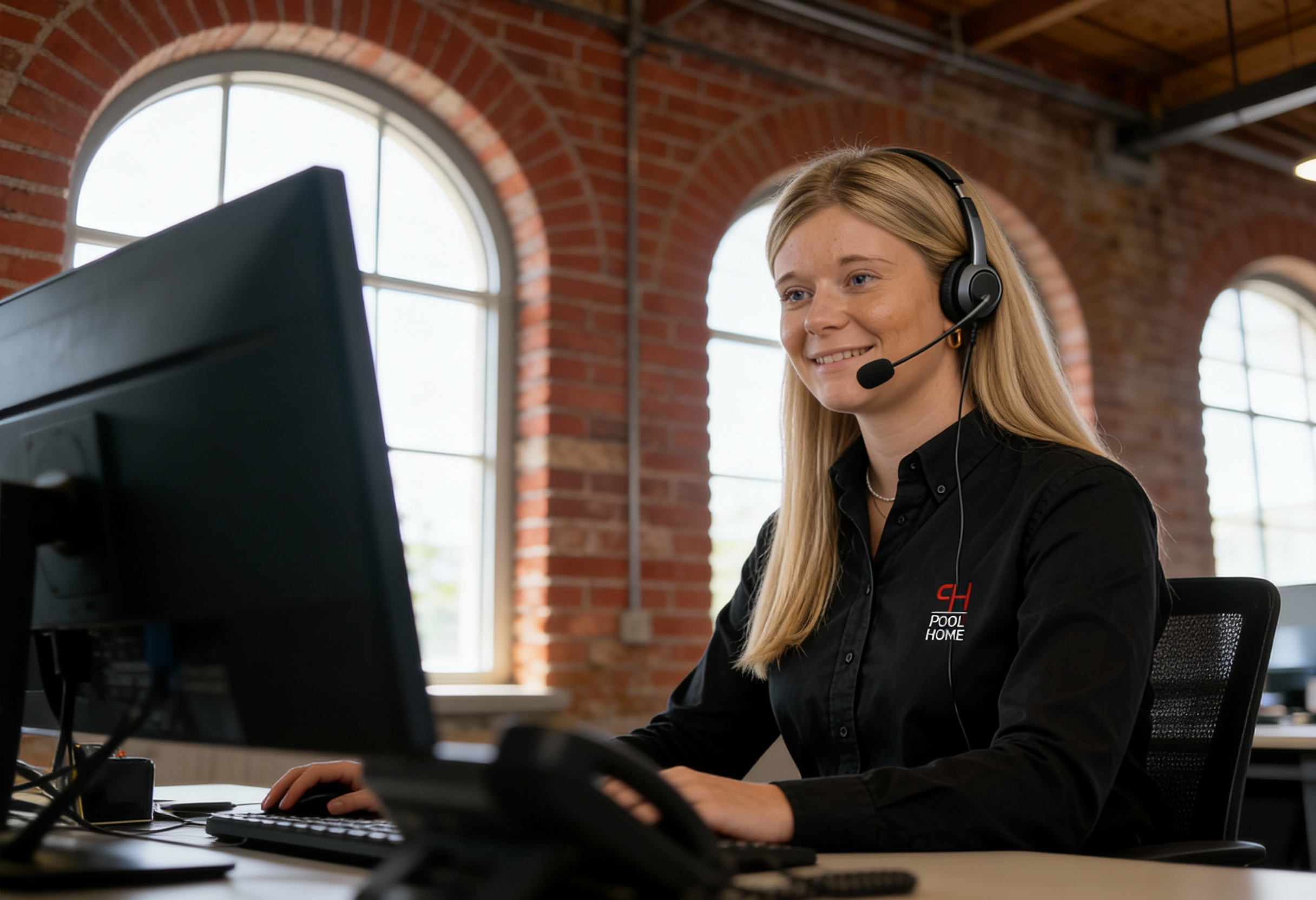 POOL+HOME Mitarbeiterin mit Headset beim telefonischen Erstgespräch