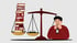 Illustration: Eine Waage wiegt einen Website-Entwurf gegen einen Stapel Münzen auf.