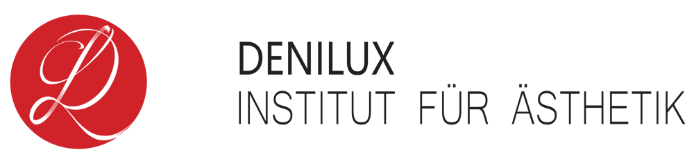 Rotes Logo mit geschwungenen Buchstaben DL und Text „DENILUX INSTITUT FÜR ÄSTHETIK“.