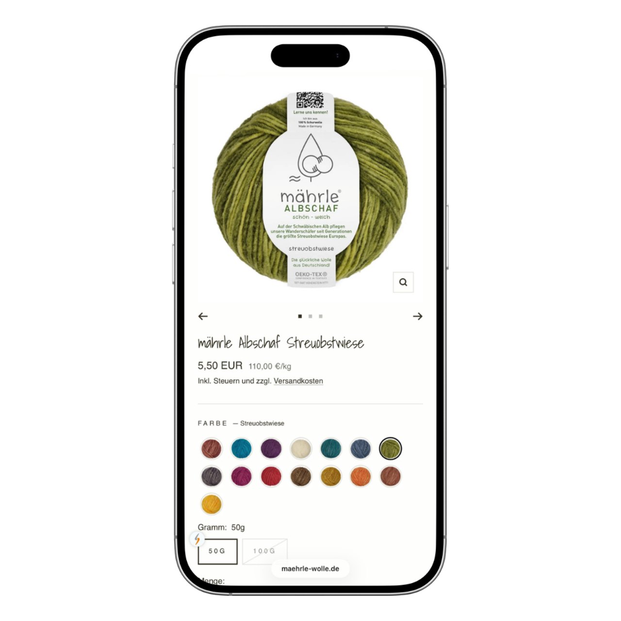 Smartphone zeigt Online-Shop mit grünem Garnknäuel "Mähle Abschaaf Streubriese", Preis 5,50 EUR, und Farboptionen.