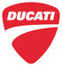 Rotes Ducati-Logo mit weißem Rand und weißem "DUCATI"-Schriftzug.