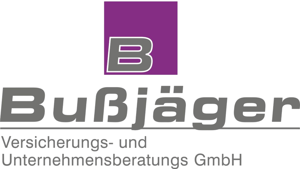 Bußjäger Versicherungs- und Unternehmensberatungs GmbH Logo, dunkelgrauer Text mit violettem Quadrat und grauem "B" oben.
