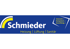 Von der Firma Schmieder: Logo auf blauem Hintergrund mit gelbem Bogen, dem Slogan "Innovativ – Kompetent – Zuverlässig" und den Bereichen Heizung, Lüftung, Sanitär