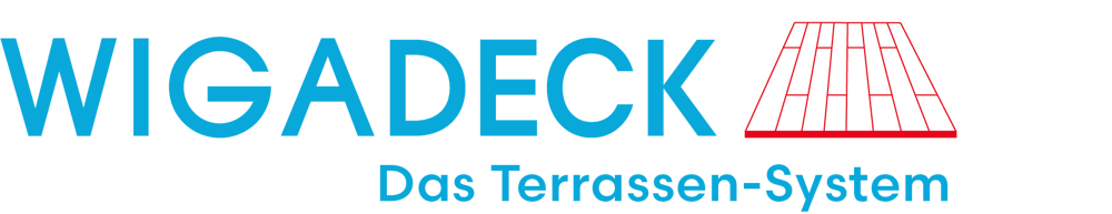 Wigadeck Logo mit dem Slogan Das Terrassen-System und einem roten Symbol für Bodenbeläge auf schwarzem Grund.