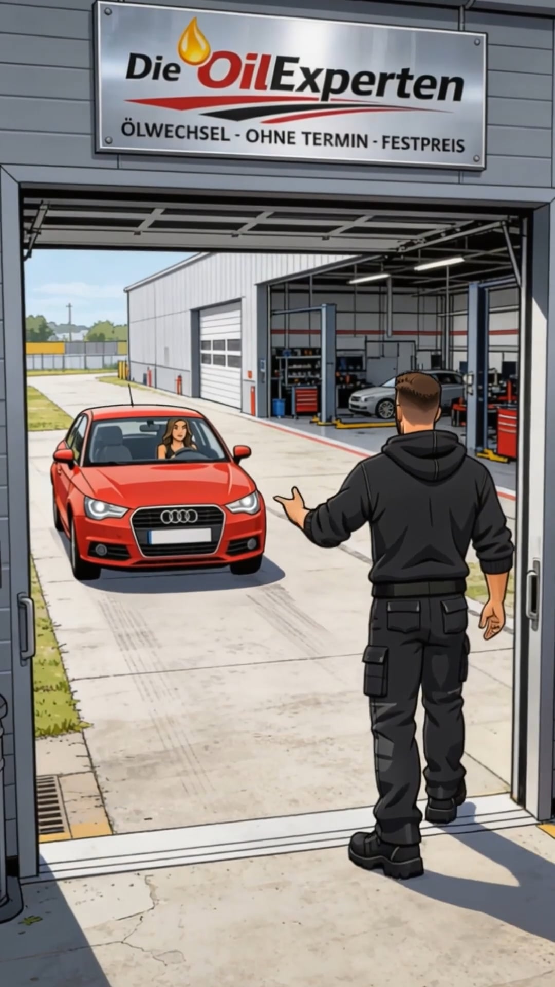 Ölwechsel Werkstatt mit Fahrzeug auf der Hebebühne