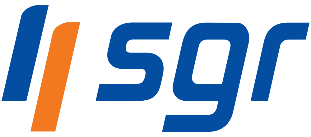 Logo mit schrägen blauen und orangefarbenen Linien und dem blauen Text "sgr".