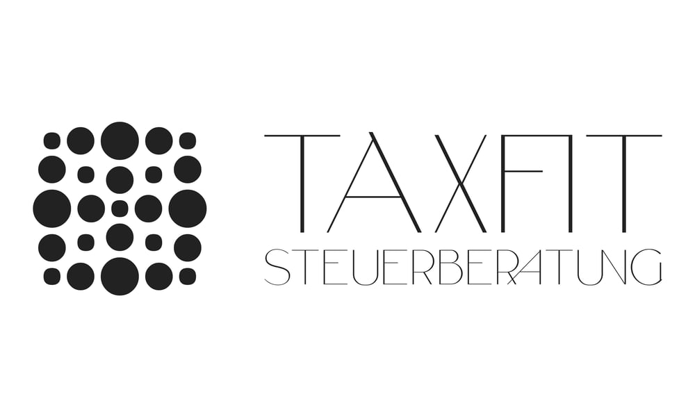 Logo von TAXFIT Steuerberatung mit einem quadratischen Muster aus schwarzen Punkten verschiedener Größe.