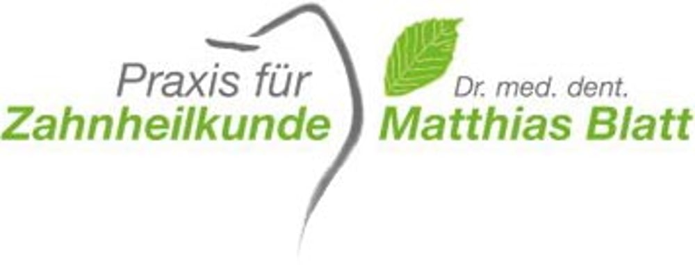 Logo: "Praxis für Zahnheilkunde Dr. med. dent. Matthias Blatt" mit Blatt und geschwungener Linie.