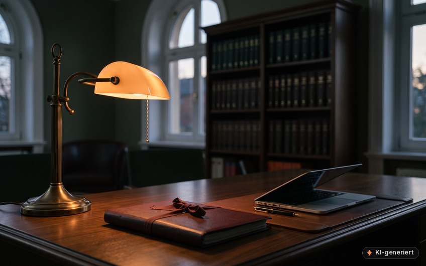 Schreibtisch in einer Kanzlei am Abend: Bankerlampe, geschlossene Aktenmappe mit Band, aufgeklapptes Notebook, dahinter ein Regal mit Gesetzesbänden