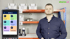 Ein Mann vor einem Lagerregal neben einem Handscanner mit der Abacus App für Einkauf, Verkauf, Lager und Produktion.