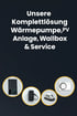 Unsere Komplettlösung Wärmepumpe, PV Anlage, Wallbox & Service mit Icons für Wärmepumpe, Wallbox, Service-Fahrzeug und Wechselrichter.