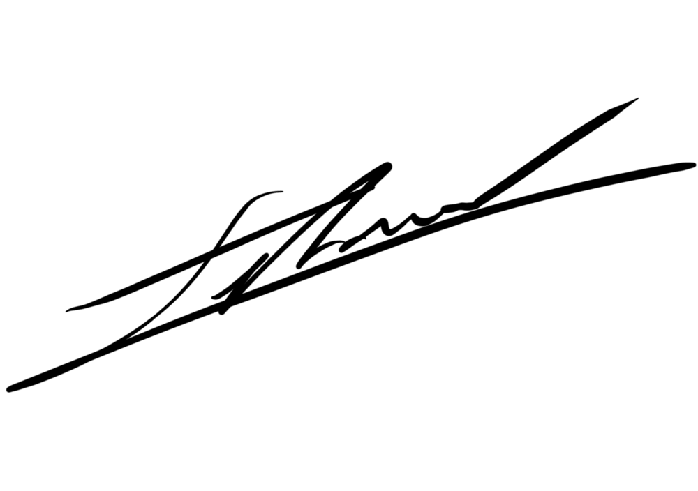 Stylized black signature on a dark green background.