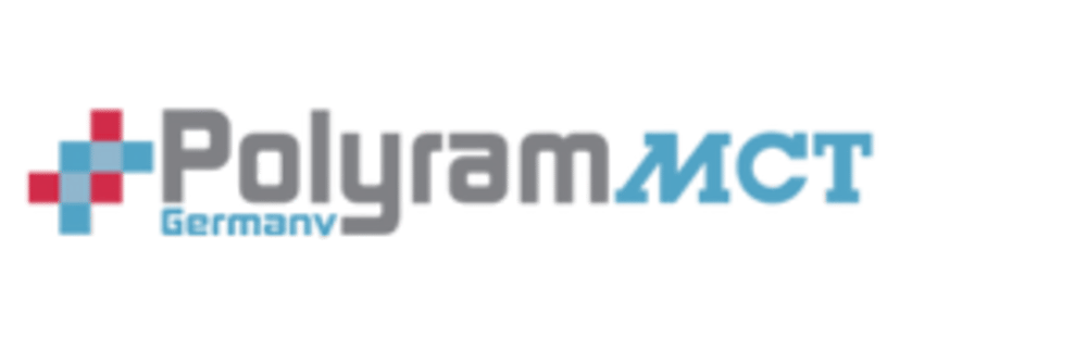 Polyram MCT-Logo mit blauen und roten Quadraten als Icon.