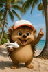 Ein lächelnder Igel mit Baseballkappe hält ein Spielzeugflugzeug und zeigt auf einen Kokosnussbaum am Strand.