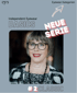 Freundlich lächelnde Karin Stehr mit Brille, rotem Lippenstift und schwarzer Halskette vor grauem Hintergrund; Text: "Independent Eyewear BASICS NEUE SERIE #2 CLASSIC".