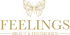 Goldenes geometrisches Schmetterlingslogo über dem Wort "FEELINGS" und "BRAUT & FESTMODEN" auf durchsichtigem Hintergrund.