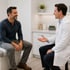 Man smiles at his doctor while discussing low testosterone treatment.