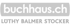 buchhaus.ch, Lüthy Balmer Stocker Logo mit weißem Text auf grauem Hintergrund und schwarzem Text darunter.