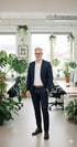 A smiling man in a navy suit and glasses stands in a bright office with many green plants.