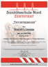 Zertifikat der Sanitätsschule Nord für Sergej Lomakin als Tatortreiniger, ausgestellt am 13.09.2025.