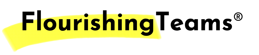 Schwarzer Text "FlourishingTeams" auf gelbem, geschwungenem Hintergrund.