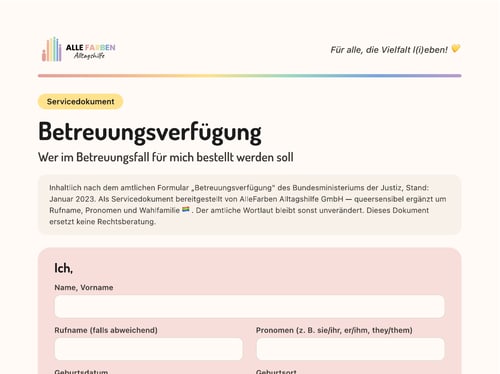Vorschau des Servicedokuments Betreuungsverfügung von AlleFarben Alltagshilfe mit Logo und Regenbogenbalken.
