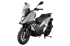Silver and black adventure scooter with blue accents, knobby tires, and a windscreen, angled right.