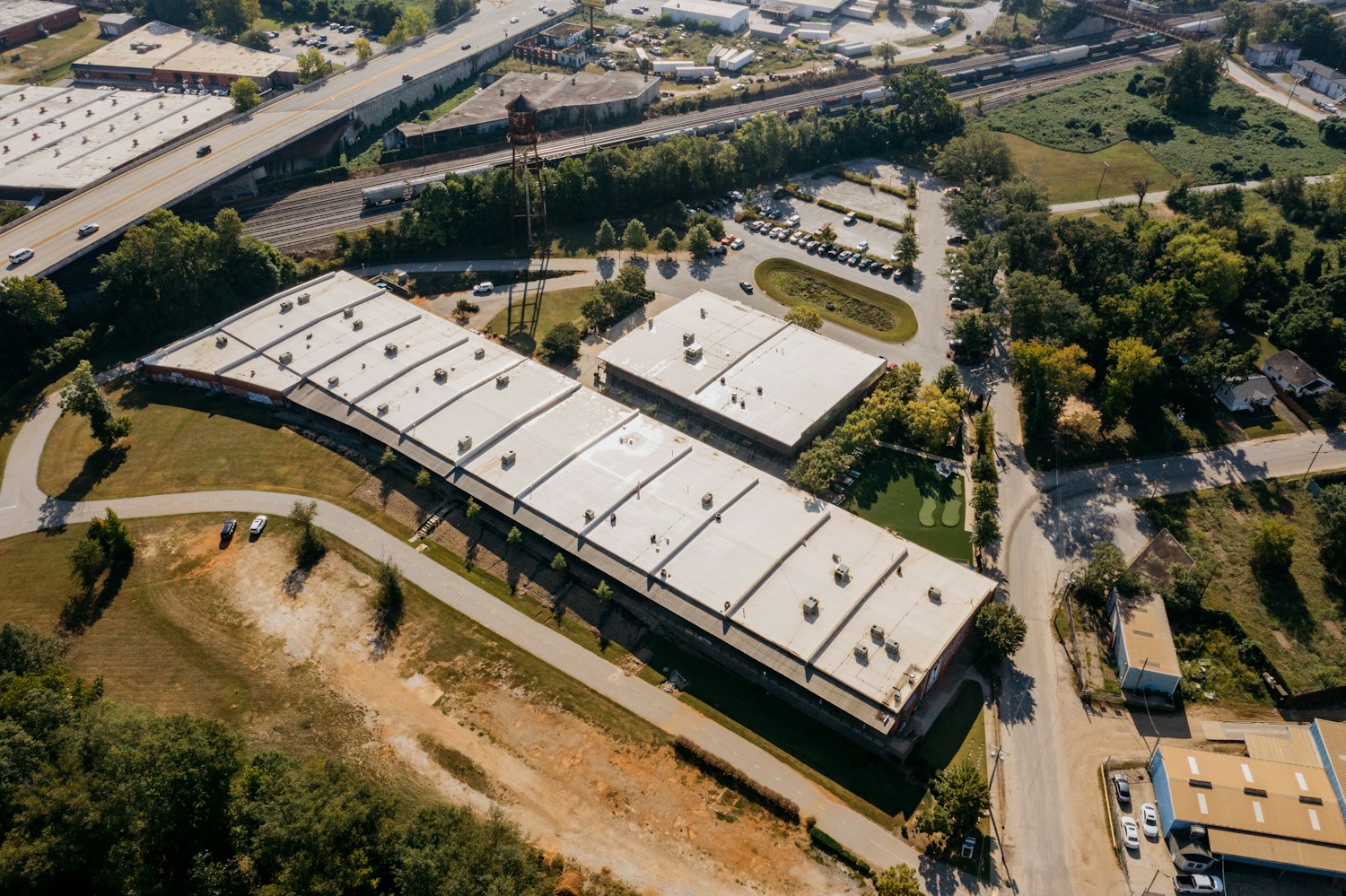 Low-slope commercial roofs on an office building complex