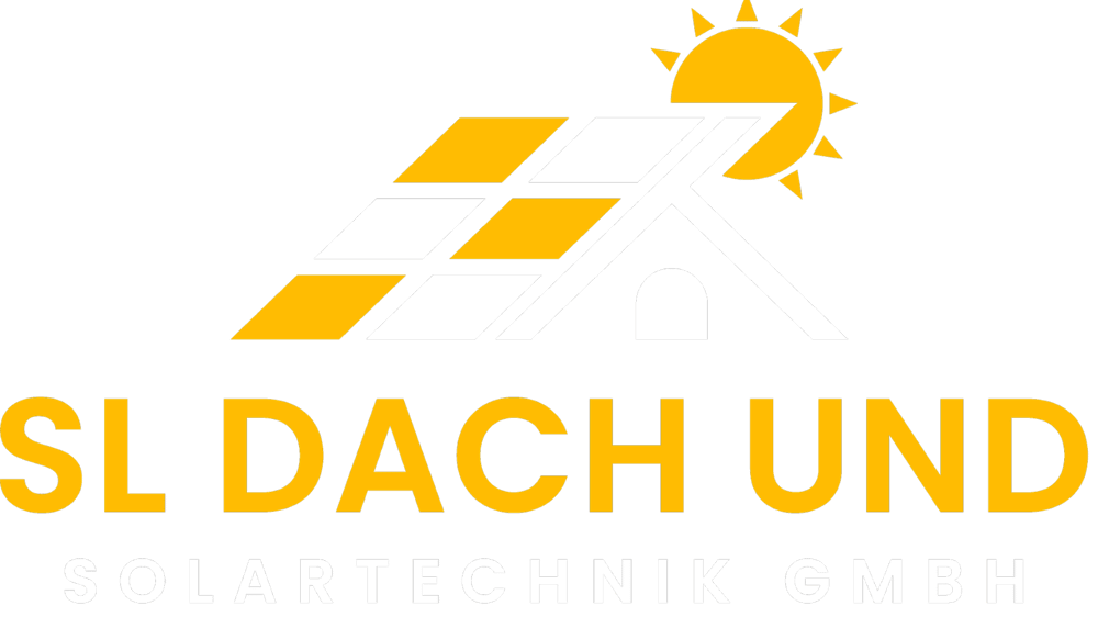 Goldenes Logo mit Haus, Solarmodulen und Sonne, daneben dunkelblauer Text "SL Dach und Solartechnik GmbH".