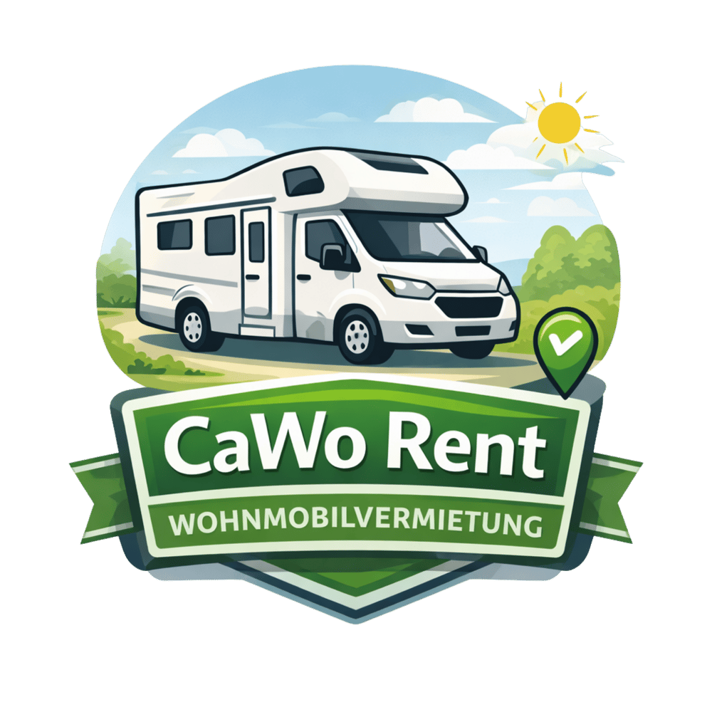 Weißes Wohnmobil auf Landstraße, umgeben von gr ünen Hügeln unter blauem Himmel mit Sonne. Logo "CaWo Rent Wohnmobilvermietung".