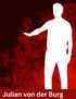 Weiße Silhouette eines Mannes mit ausgestrecktem Arm auf rotem, strukturiertem Hintergrund. Julian von der Burg.
