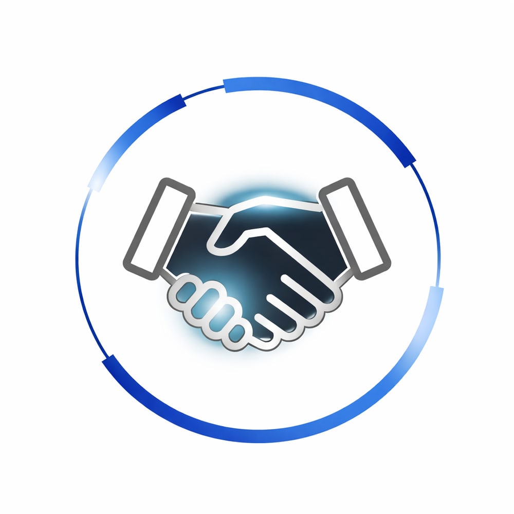 Handschlag-Symbol in 3D-Optik, umgeben von einem blauen Kreis.