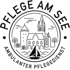 Rundes Logo "PFLEGE AM SEE AMBULANTER PFLEGEDIENST" mit Kirche, Gebäude, Bäumen und Segelboot.