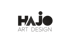 HAJO ART DESIGN Logo in Schwarz auf dunkelgrünem Hintergrund.