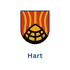 Wappen von Hart mit gelben und roten vertikalen Streifen, darüber ein halber goldener Helm.