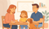 Eine Familie mit einem Hund sitzt an einem Tisch, im Hintergrund ein Bild mit einem Haus.