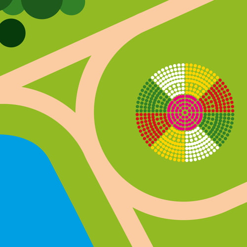 Illustration des Freizeitparks Rheinaue mit Wegen, Wiesen und Blumenrondell