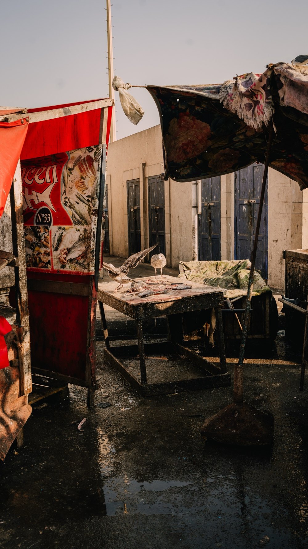 Marktstand mit bunten Planen am Hafen von Essaouira