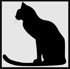 Schwarze Katzen-Silhouette mit ausgestrecktem Schwanz vor grauem quadratischem Hintergrund.