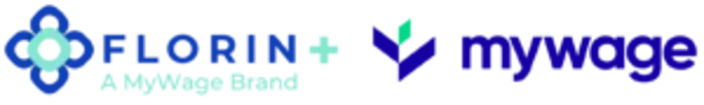 Logos von Florin, A MyWage Brand und MyWage auf schwarzem Hintergrund.